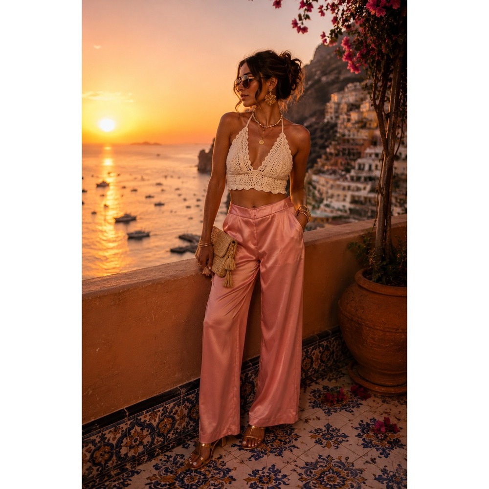 Donna Karan New York Pink Satin Wide Leg Trousers High Rise Pants Womens 8